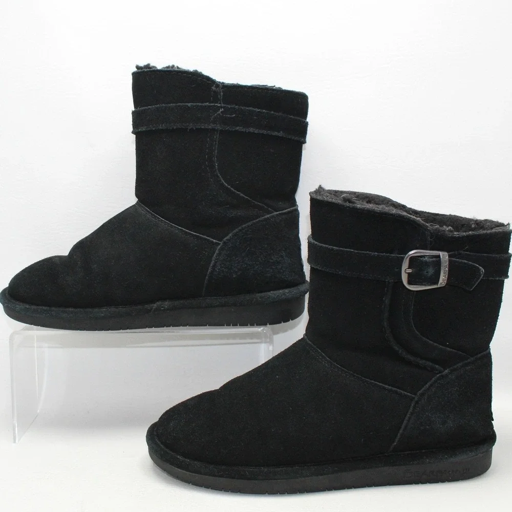 Bearpaw Catherine Women Black Suede Wool Blend‎ Lining Buckle Boots 2182W Size 7